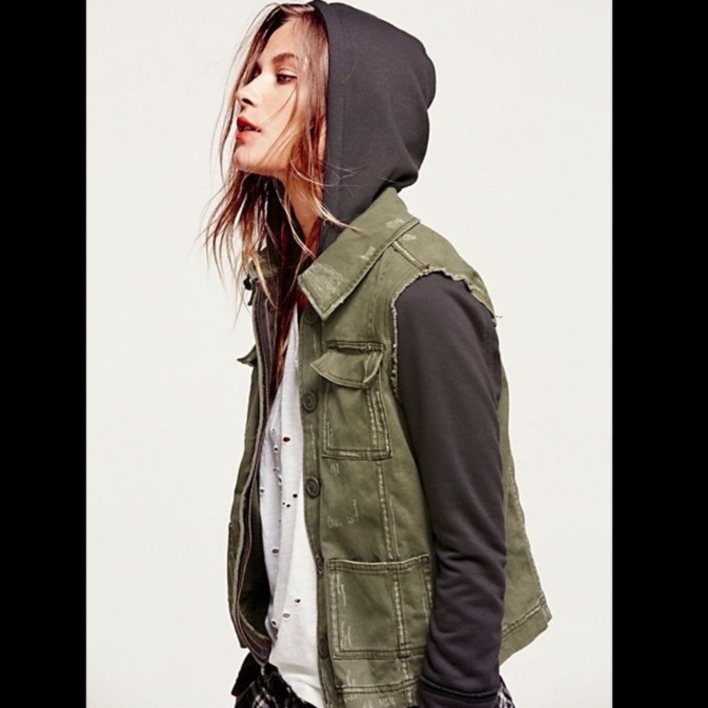 Free People Distressed Knit Hooded Utility Jacket